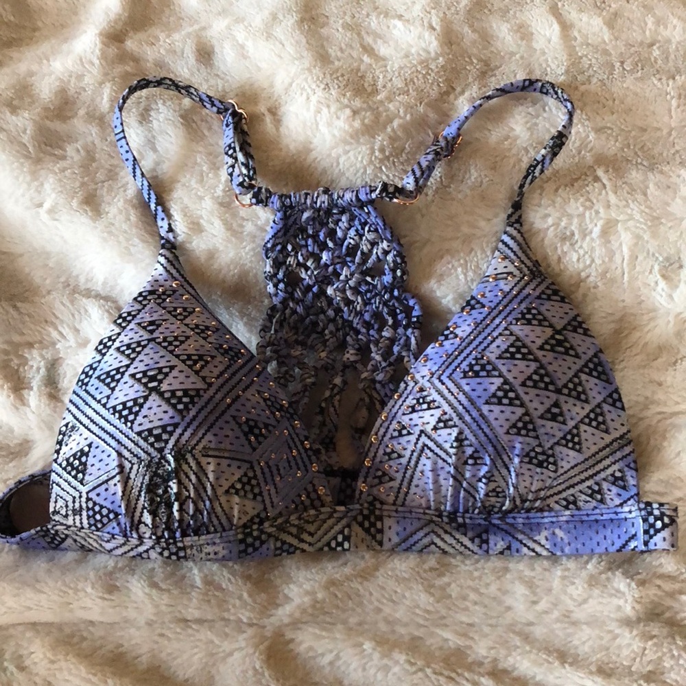 Blue padded swim suit top with braided back detail